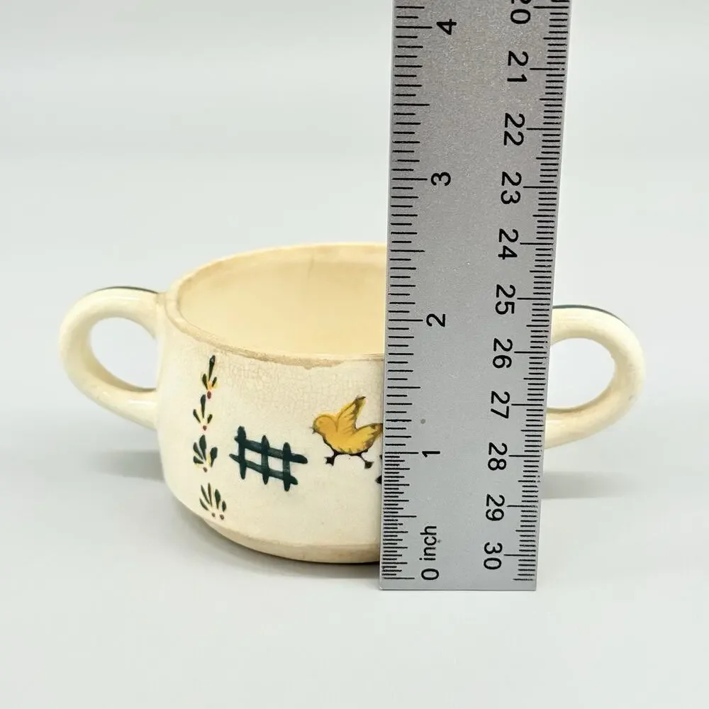 Vintage Stoneware Sugar Bowl With Lid & Handles Bird Design Cream Green Yellow